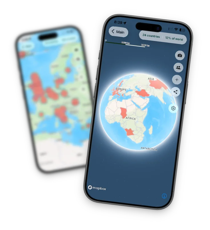 Two phones showing the Itineru atlas — a heat map of visited countries and a 3D globe of where you've been