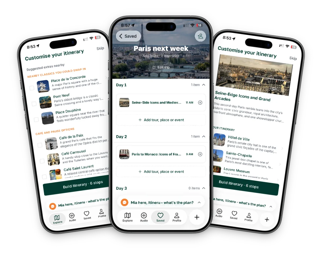 Three phones showing an AI-built Paris itinerary collection, shared and laid out across a day-by-day calendar